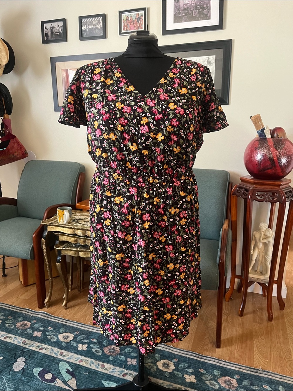 Old Navy Black Floral V-Neck Elastic-Waist Dress with Pink and Yellow Blooms